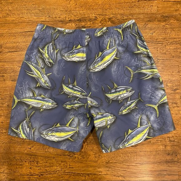 Psycho Tuna Blue Fish Print Vacation Beach Pool Swim Trunks Shorts 6" Men's Med - Picture 2 of 7